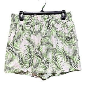 NWT Sigrid Olson Shorts Pull On Elastic Waist Linen Blend Green White Leaf Large